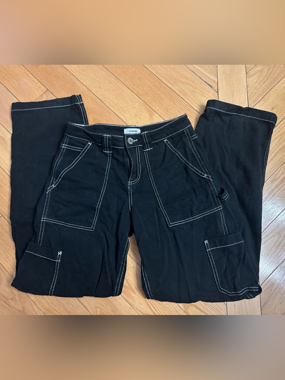 Garage Black Cargo Wide Leg Pants with White Contrast Stitching